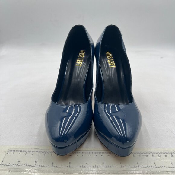 miss left Navy Platform Almond Toe Pumps Classic Slip On Chunky High Heel Shoes - Picture 3 of 8